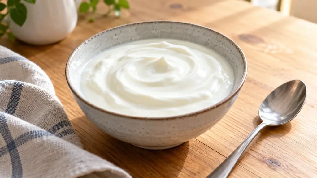 Plain low fat yogurt with a spoon on a breakfast table