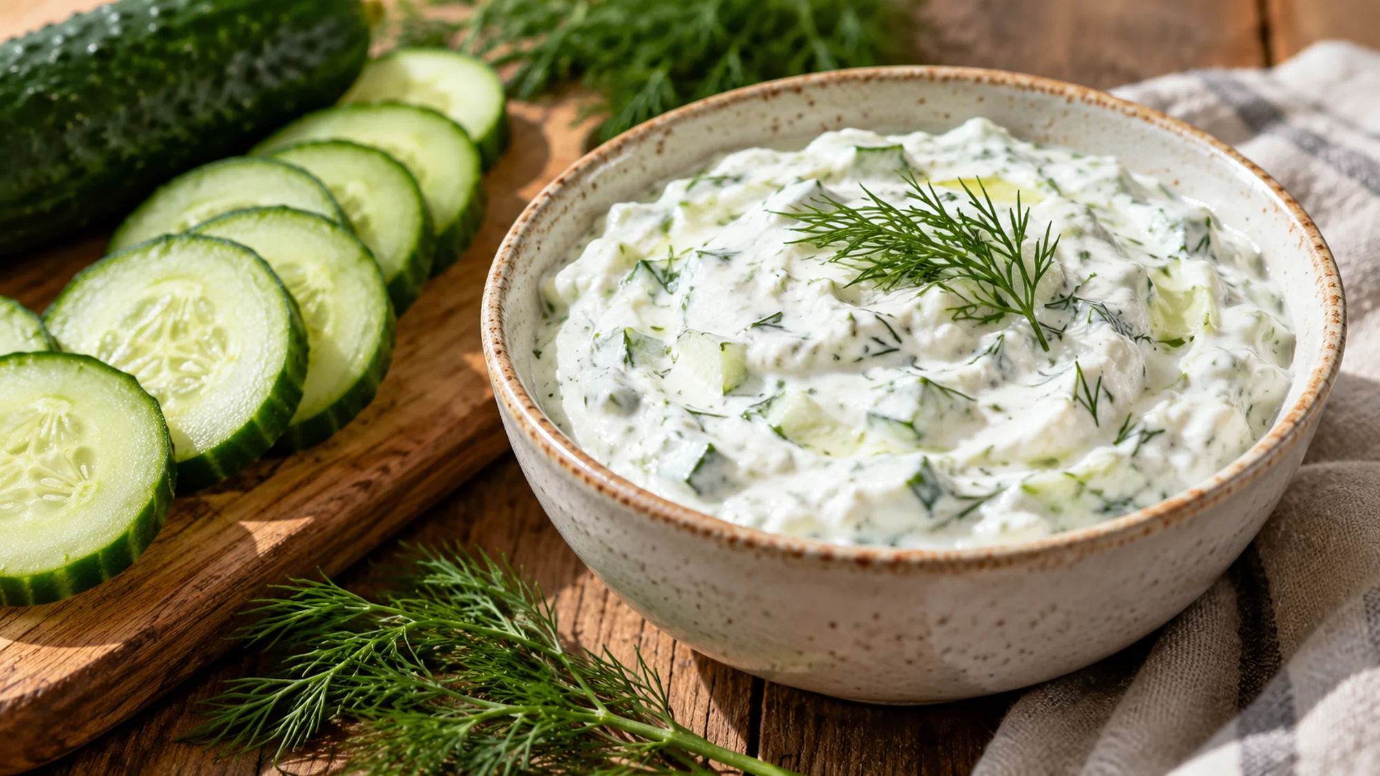 Savory low fat yogurt dip with cucumber and dill