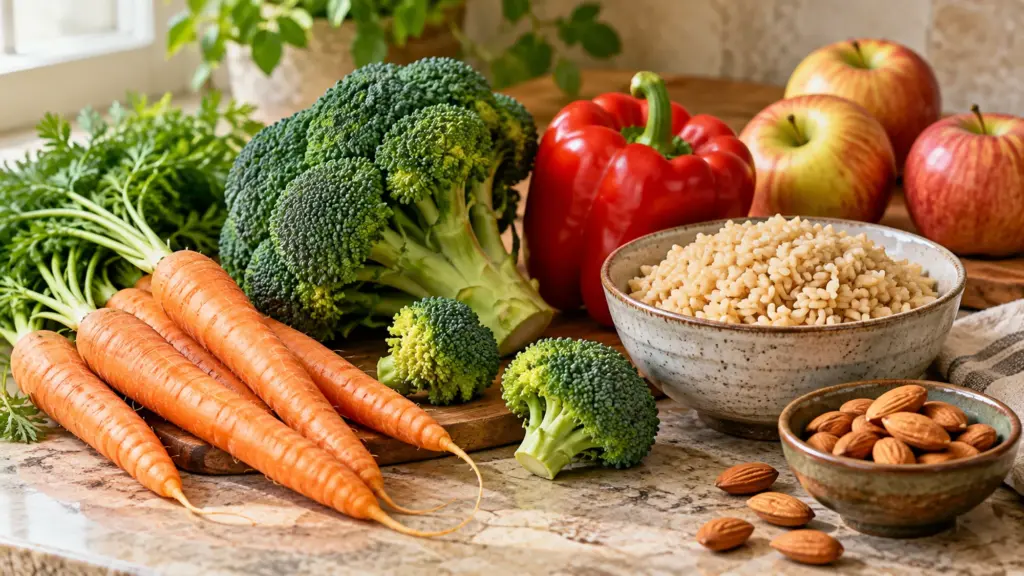 Fresh vegetables, apples, rice and almonds illustrate low sodium foods