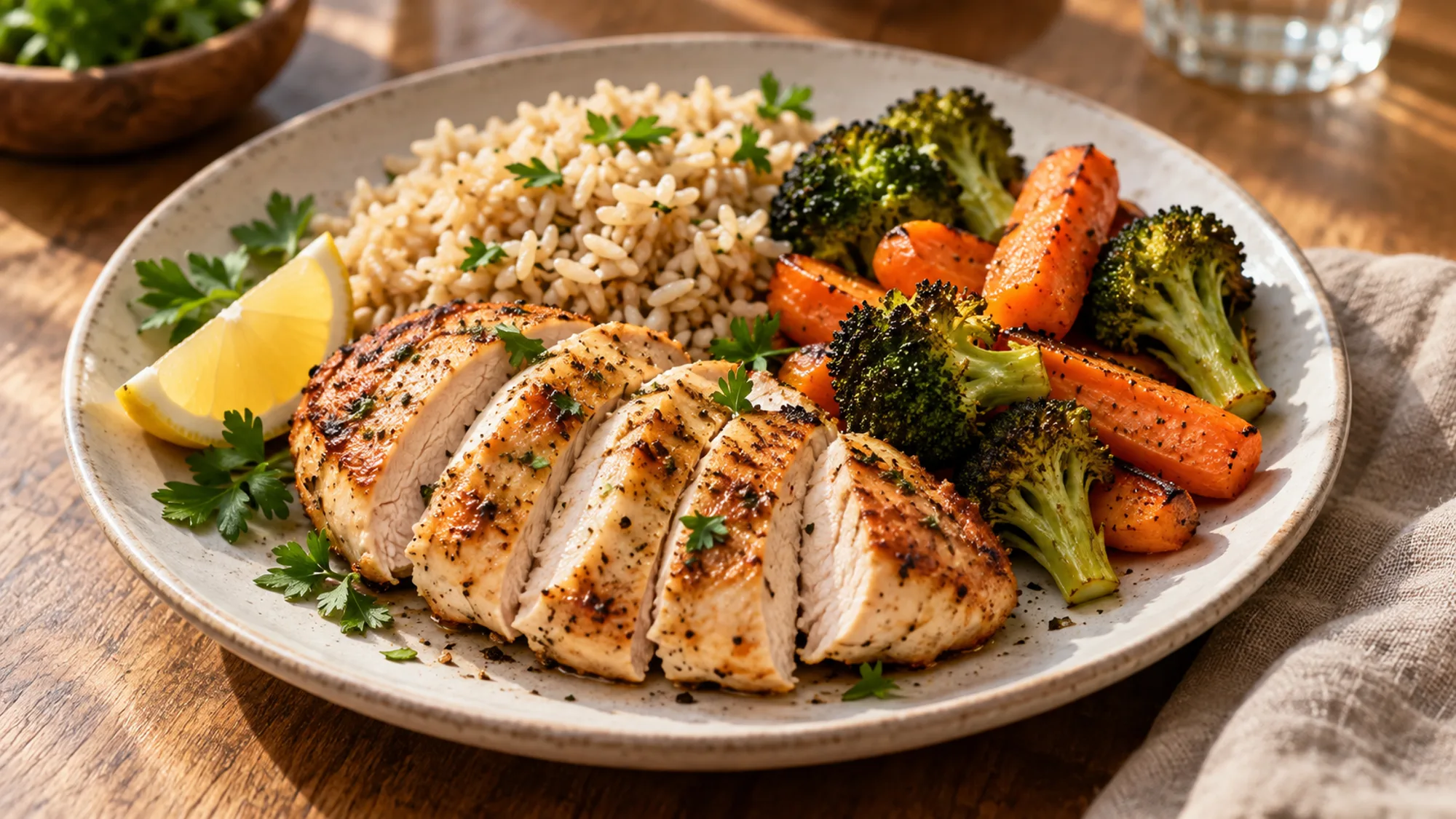 Sliced chicken with rice, roasted vegetables and lemon