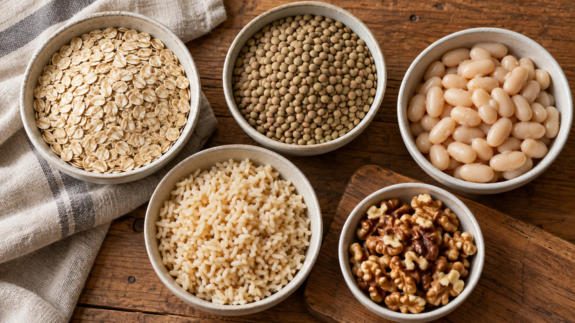 Bowls of oats, lentils, beans, rice and walnuts