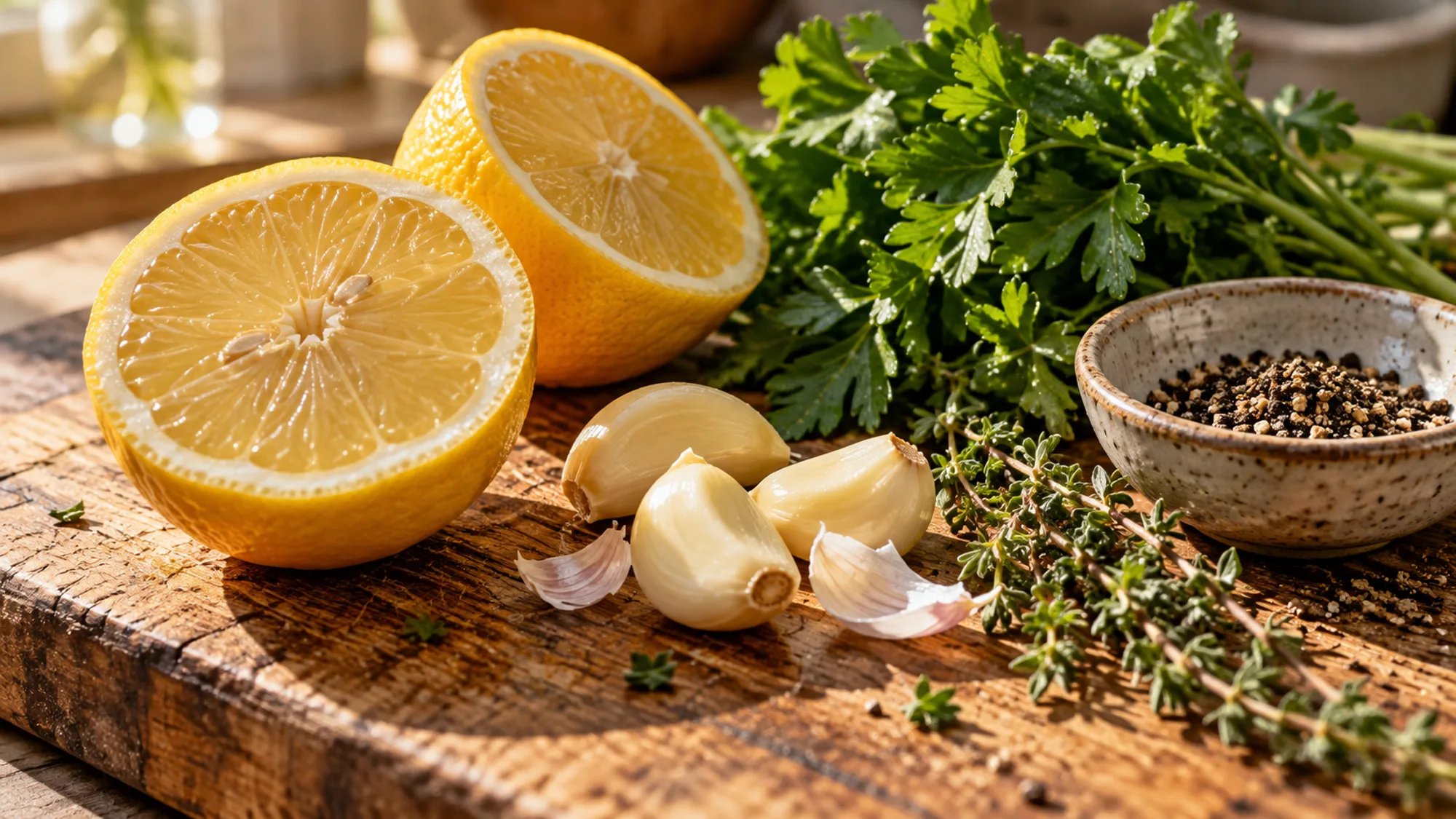 Lemon, garlic, parsley, thyme and black pepper on a board