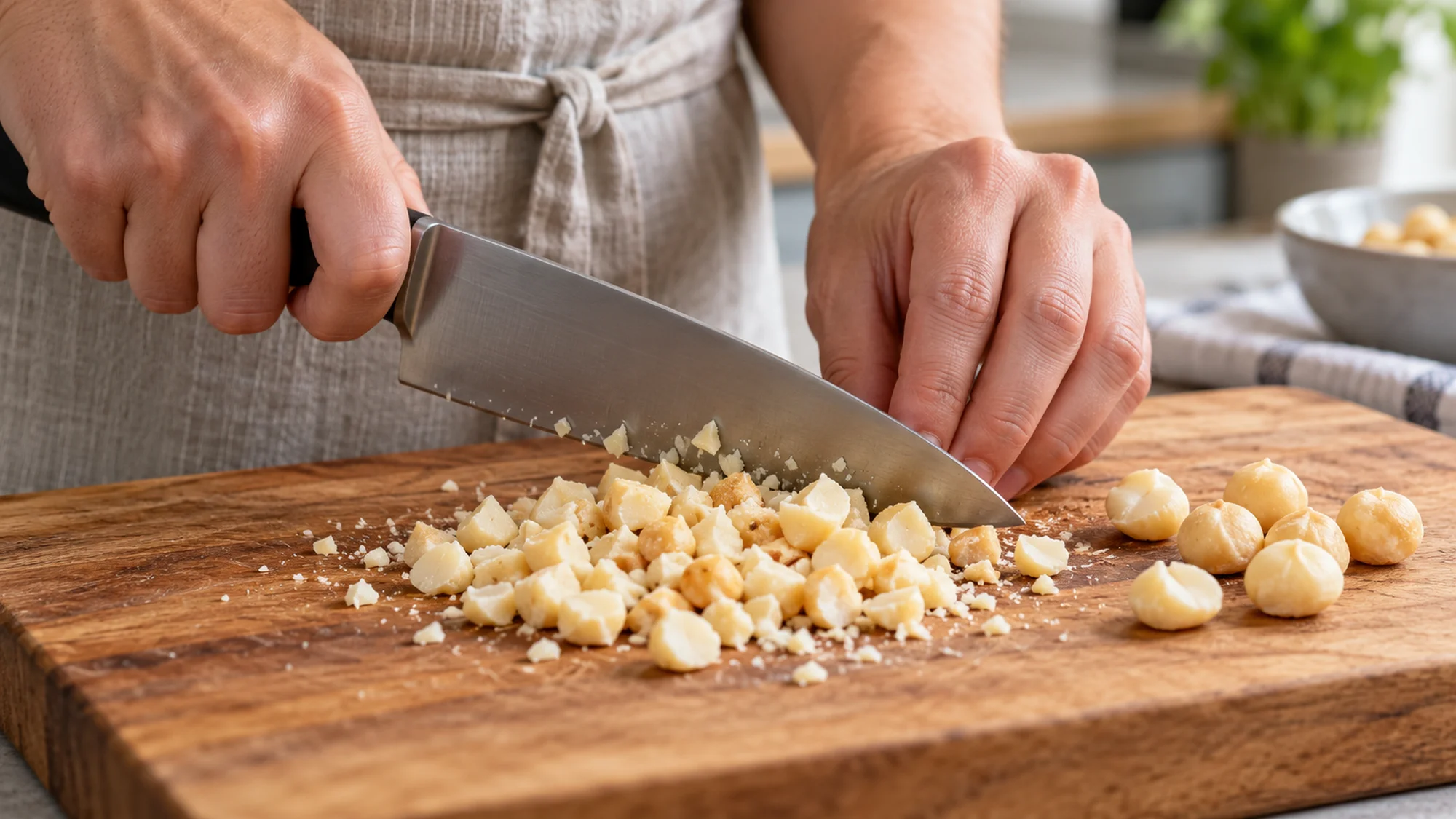 Hands chopping macadamia nuts into coarse pieces on a wooden board
