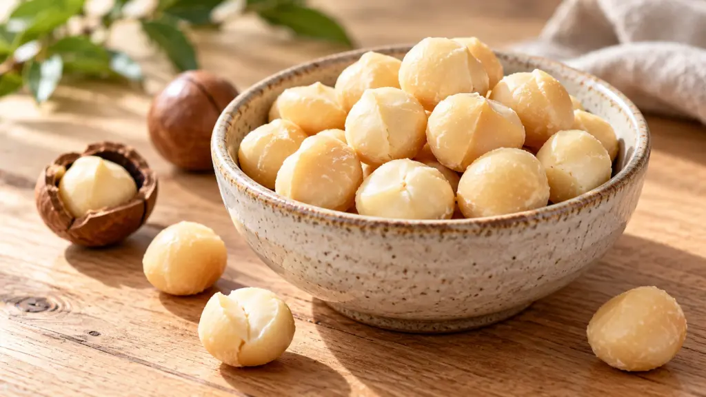 Ivory macadamia nuts in a ceramic bowl beside a cracked shell
