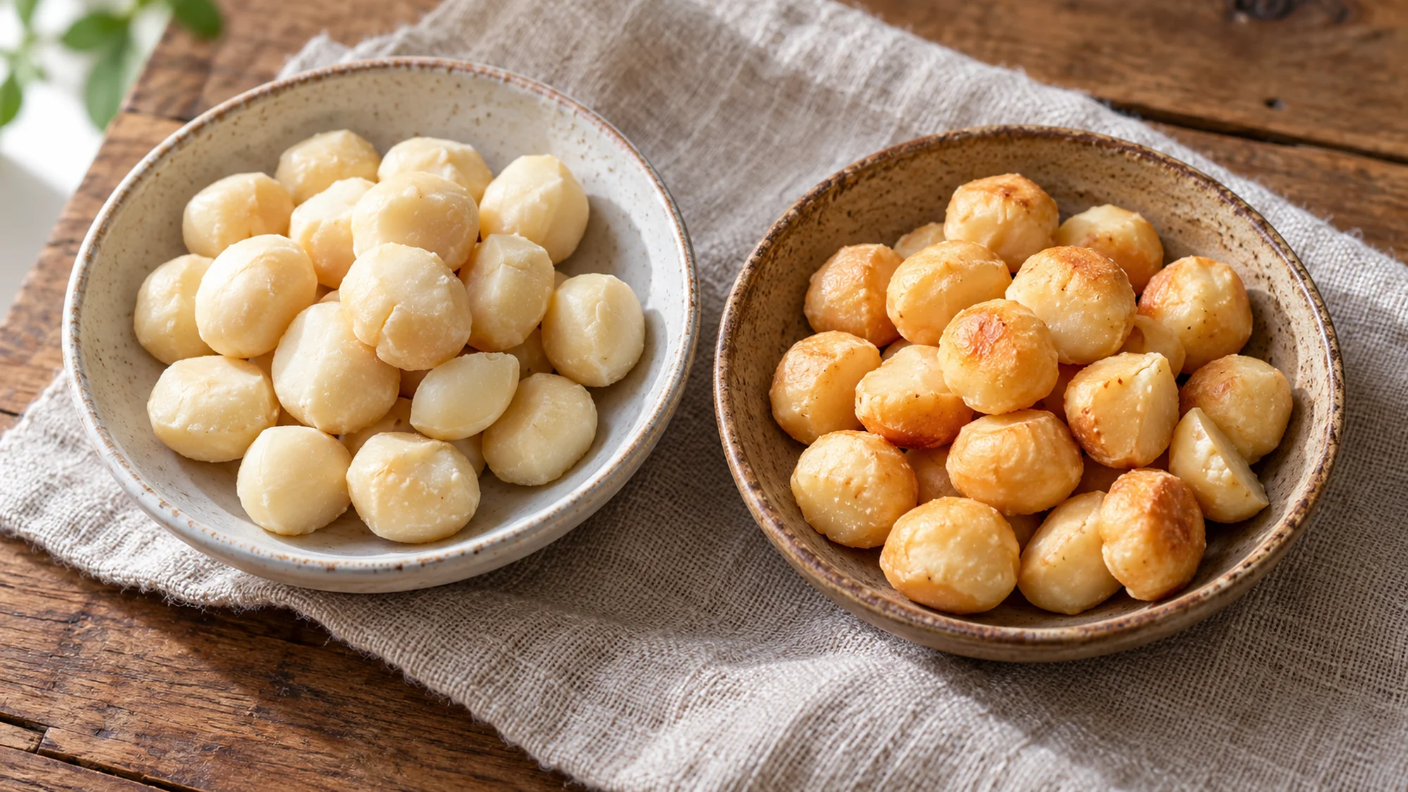 Two dishes of pale raw and golden roasted macadamia nuts