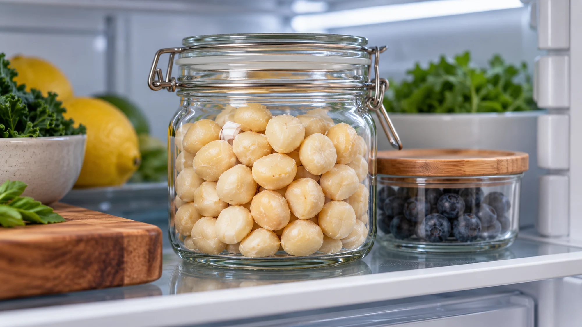 Macadamia nuts in a sealed glass jar on a refrigerator shelf