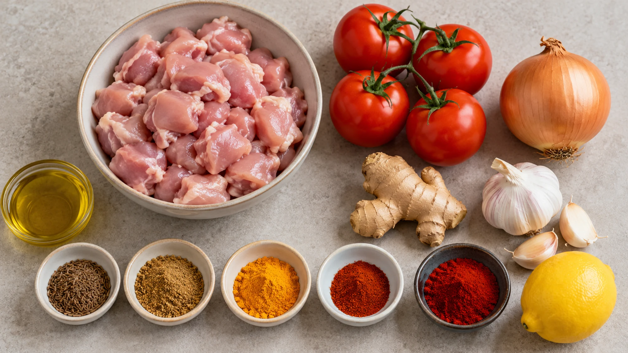 Chicken, tomatoes and spices for the madras recipe
