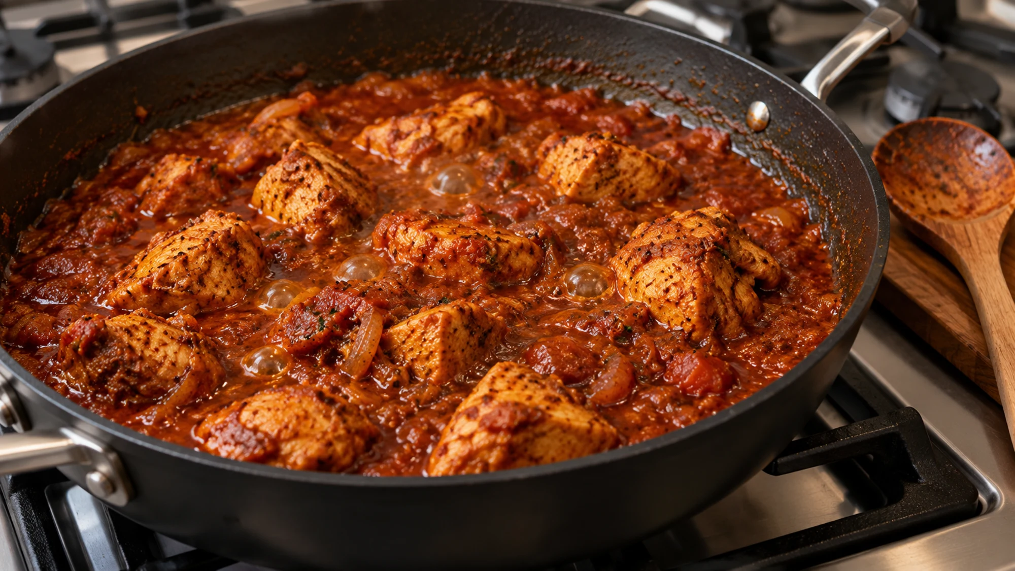 Madras recipe simmering in a skillet