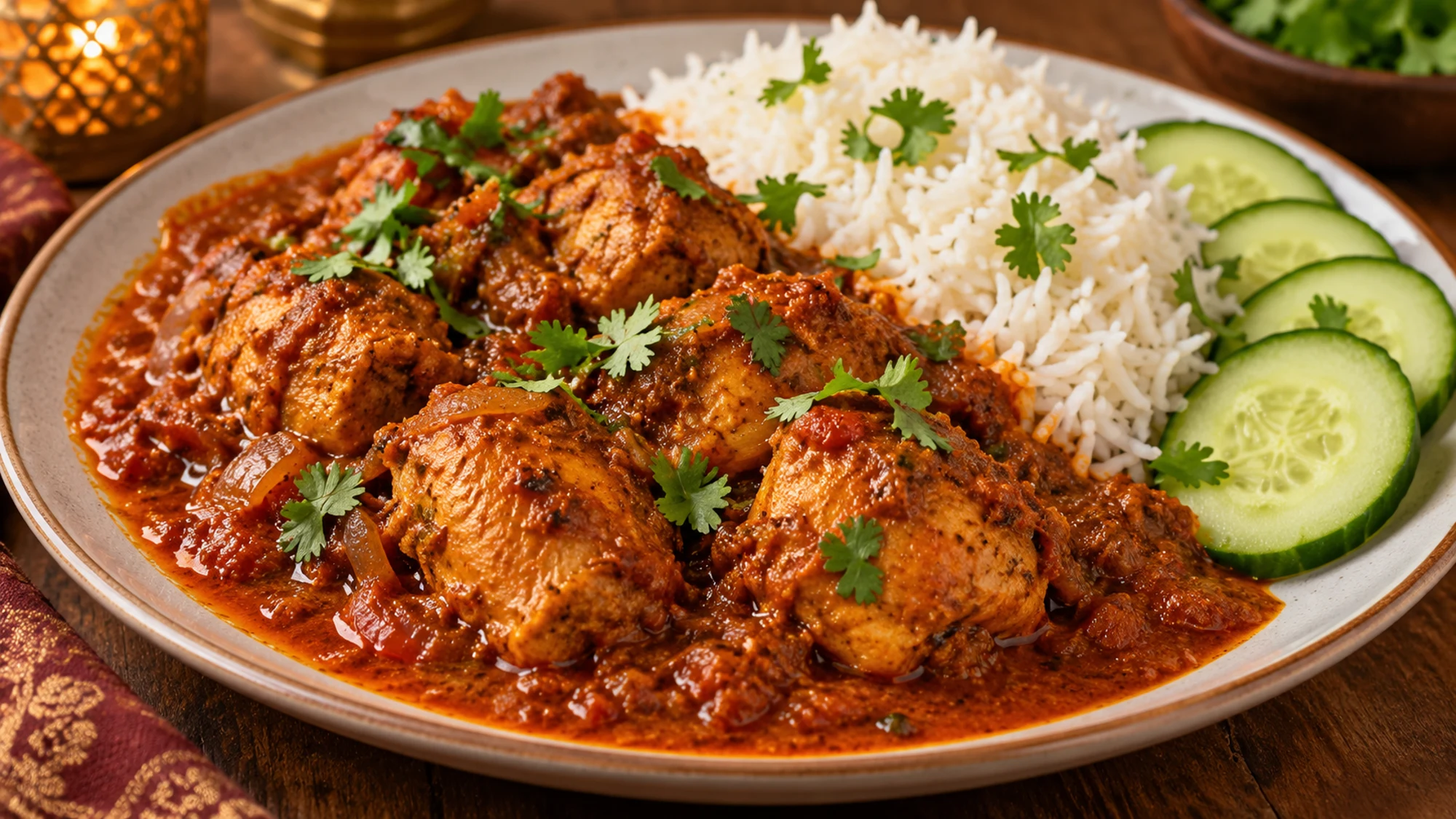 Chicken madras with basmati rice and cucumber