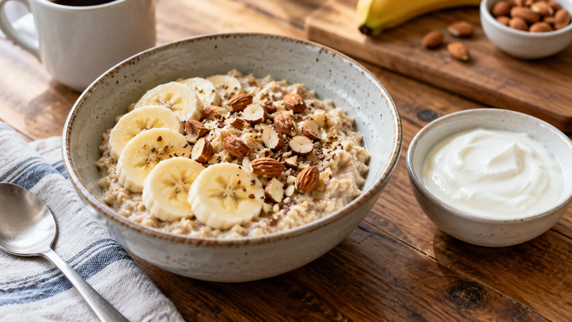 Oatmeal with almonds and banana beside plain yogurt