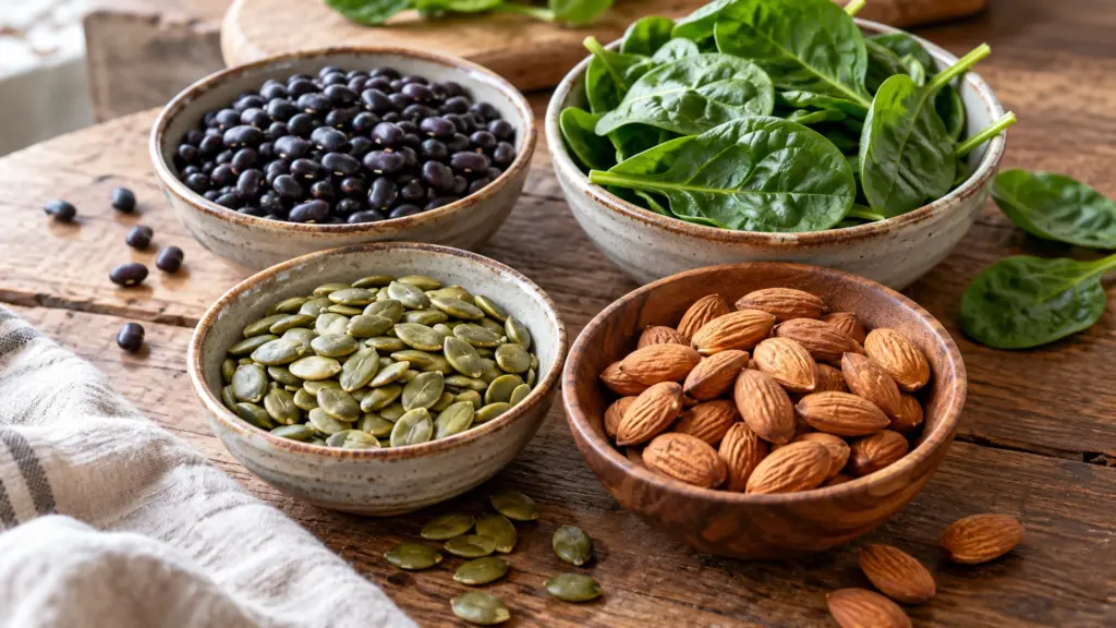 Pumpkin seeds, almonds, black beans and spinach, foods that provide magnesium