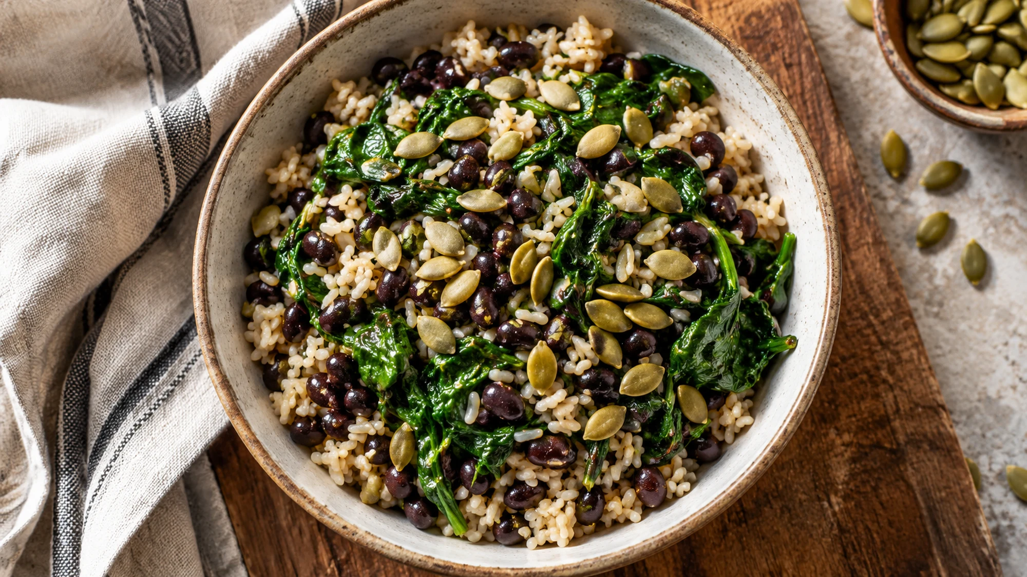 Brown rice bowl with black beans, spinach and pumpkin seeds