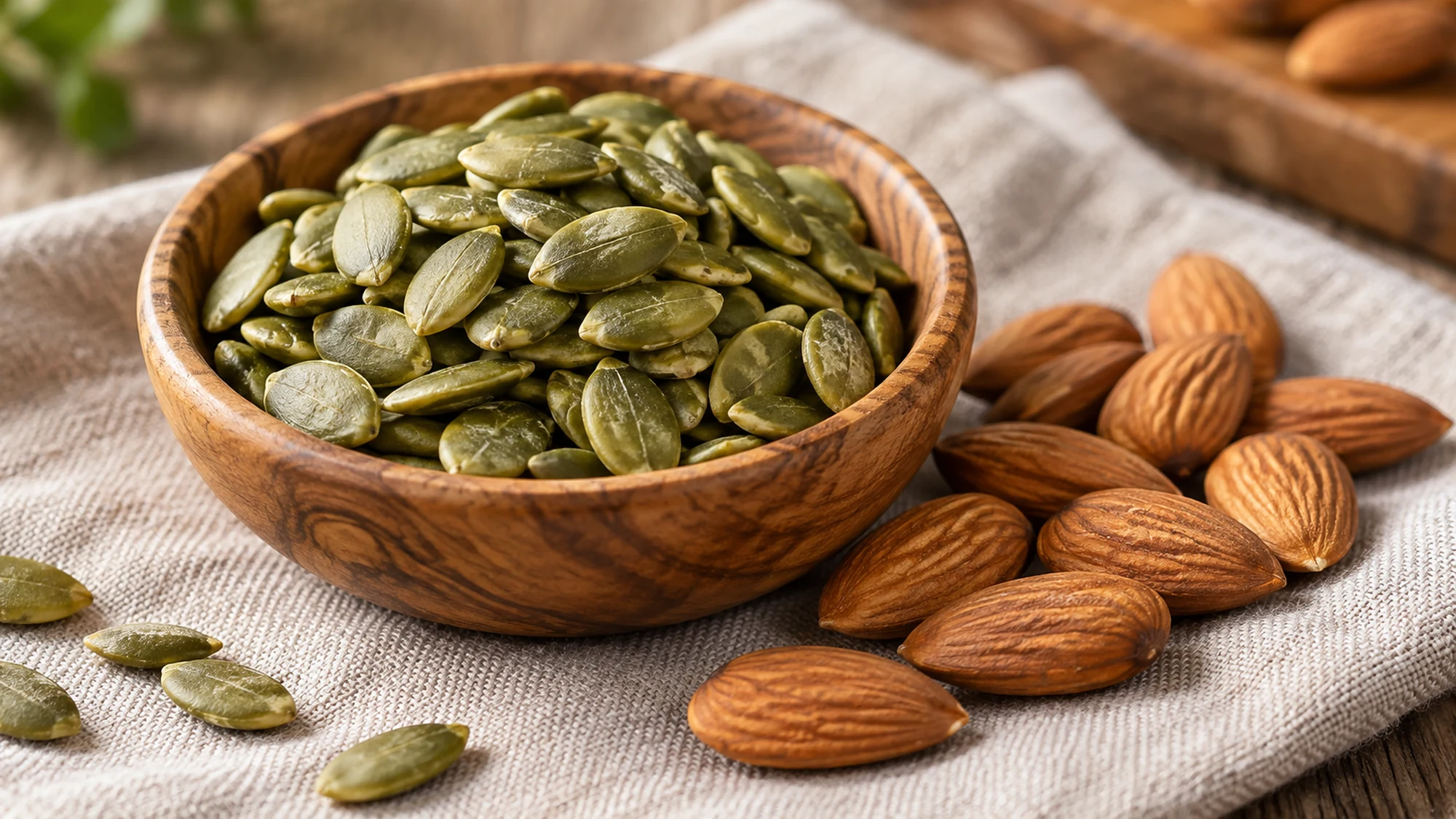 Shelled pumpkin seeds and almonds in small bowls