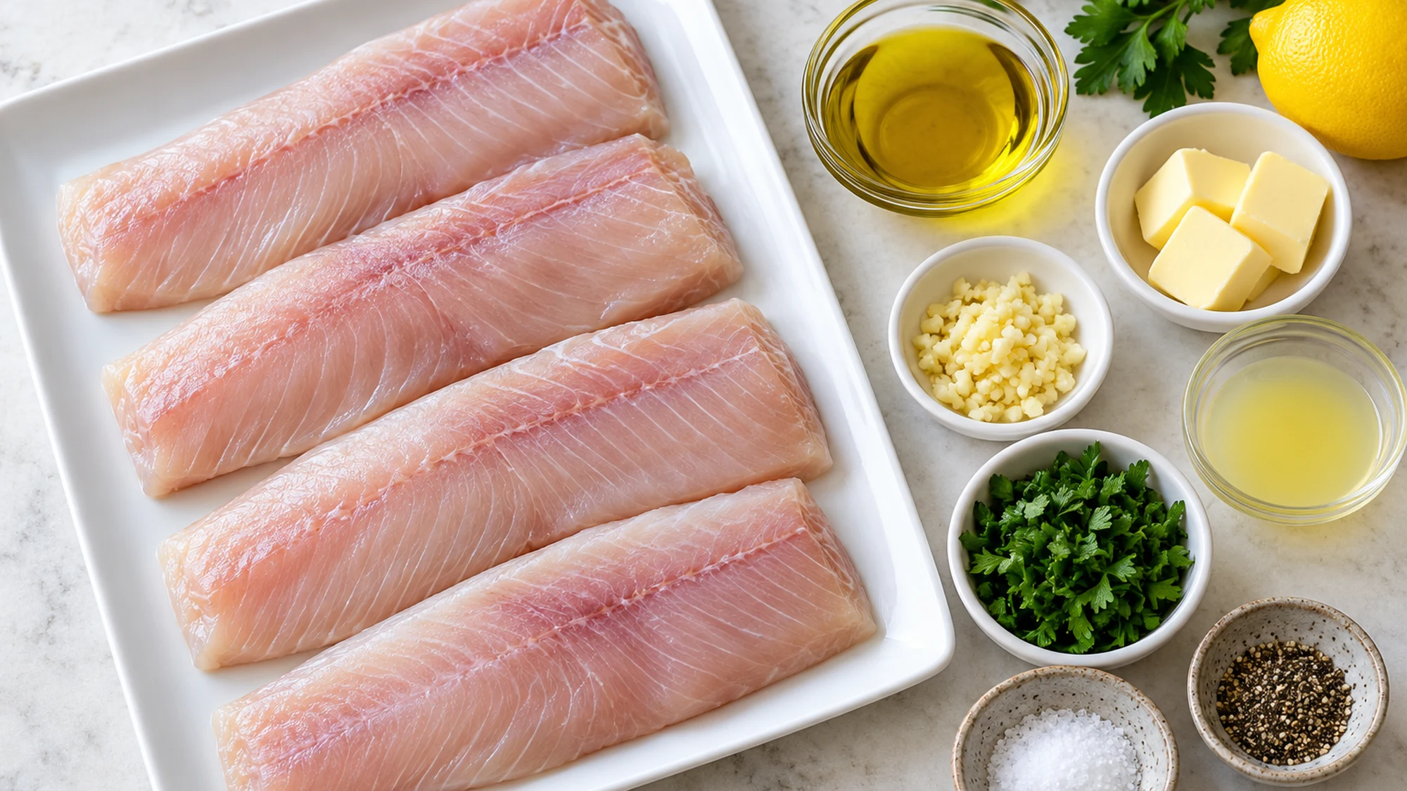 Raw fish and measured ingredients for the mahi mahi recipe