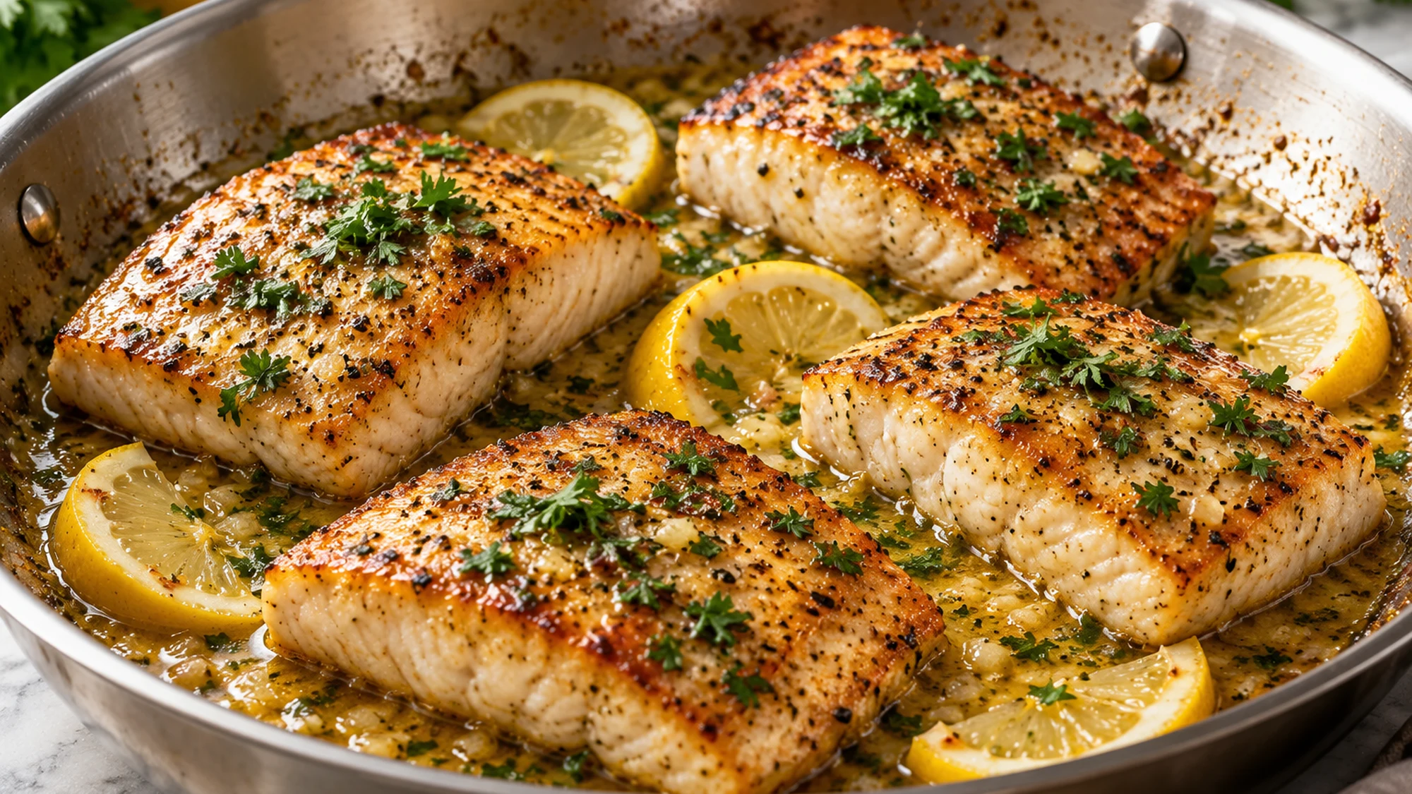 Four golden fillets in a skillet for the mahi mahi recipe