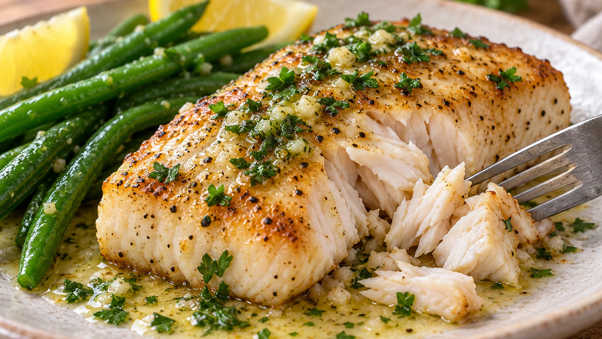 Cooked mahi mahi recipe showing opaque flakes beside green beans