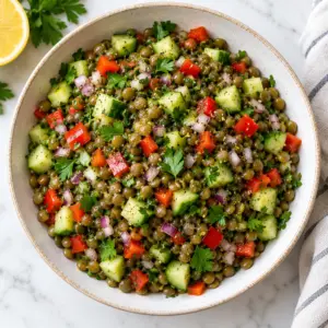 Make-ahead lentil salad in a bowl with lemon dressing