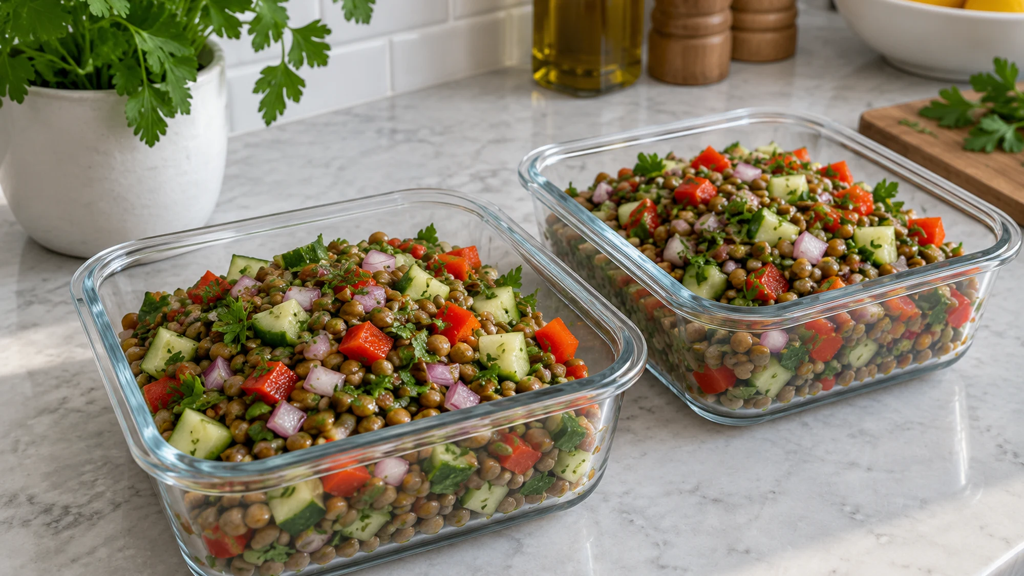 Make-ahead lentil salad packed into two lunch containers