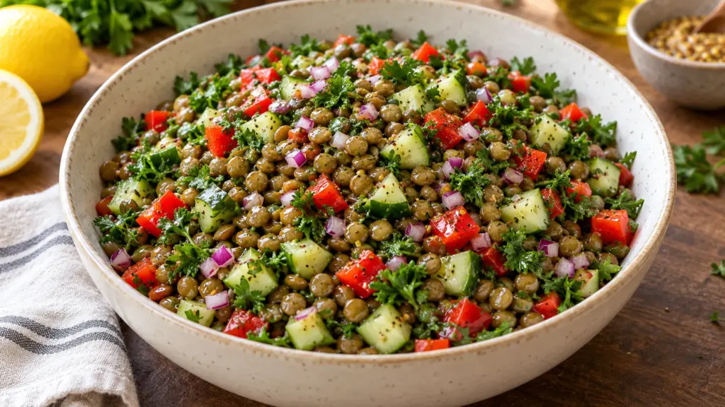 Make-ahead lentil salad with cucumber, pepper and parsley