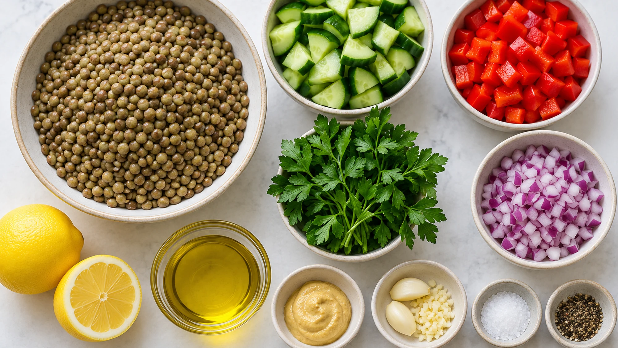 Lentils, vegetables and dressing ingredients for make-ahead lentil salad