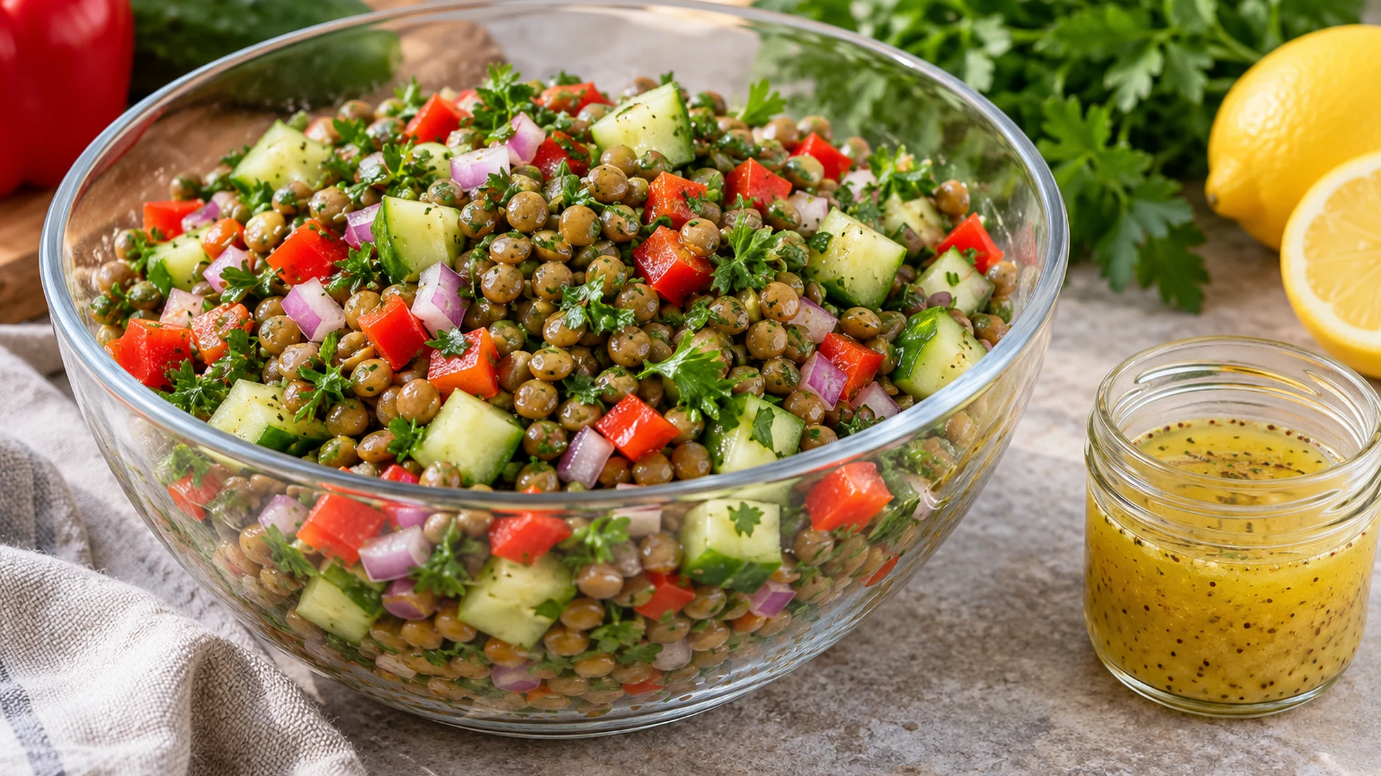 Make-ahead lentil salad tossed in a glass bowl