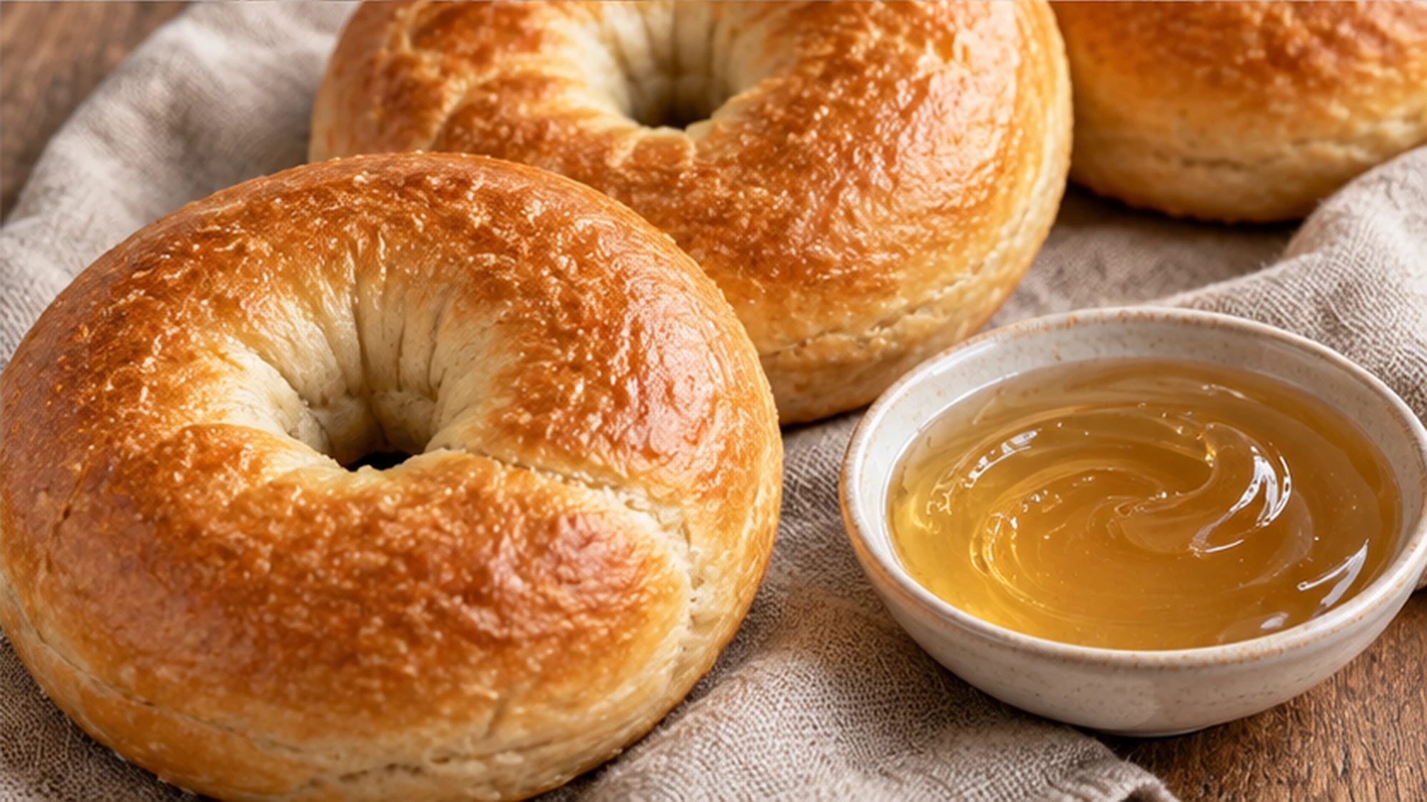 Bagels beside a dish of malt syrup