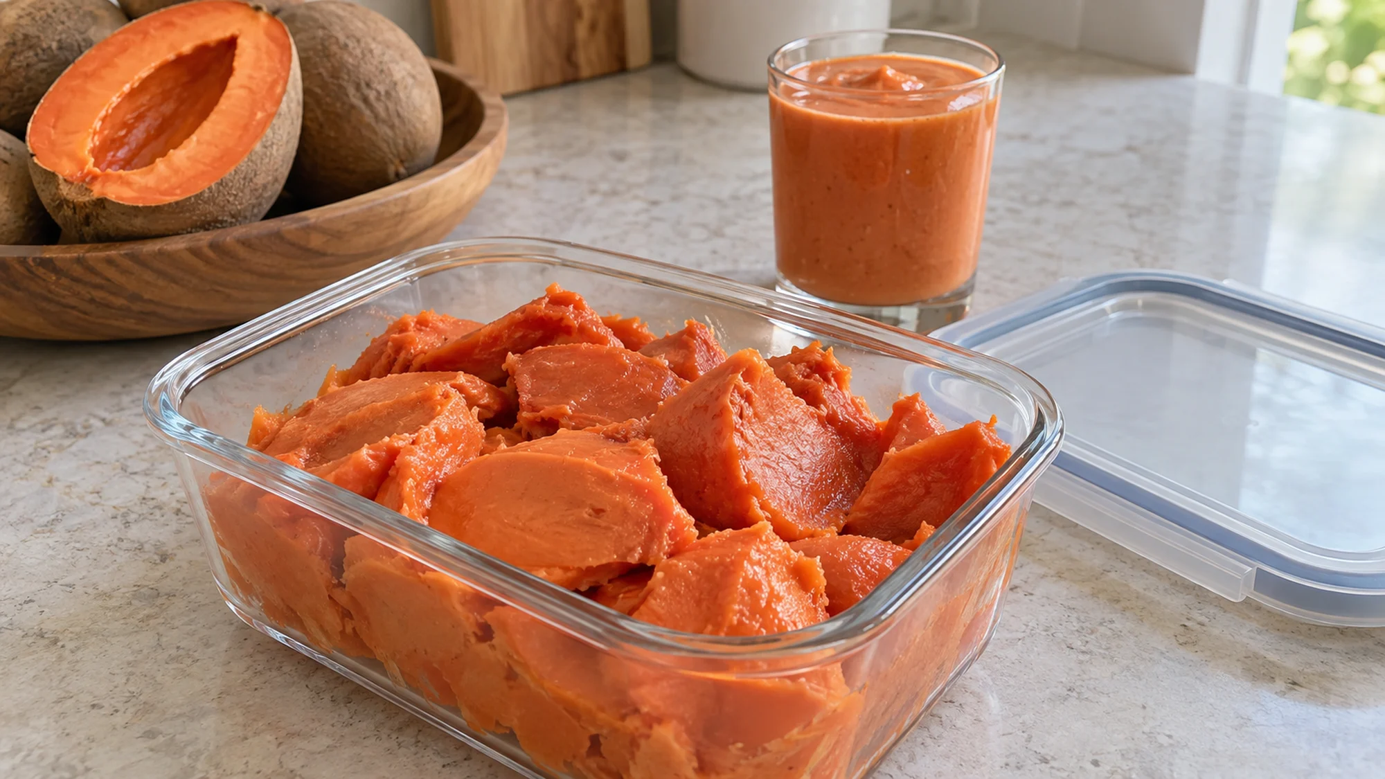 Mamey pulp in a storage container beside a glass of smoothie