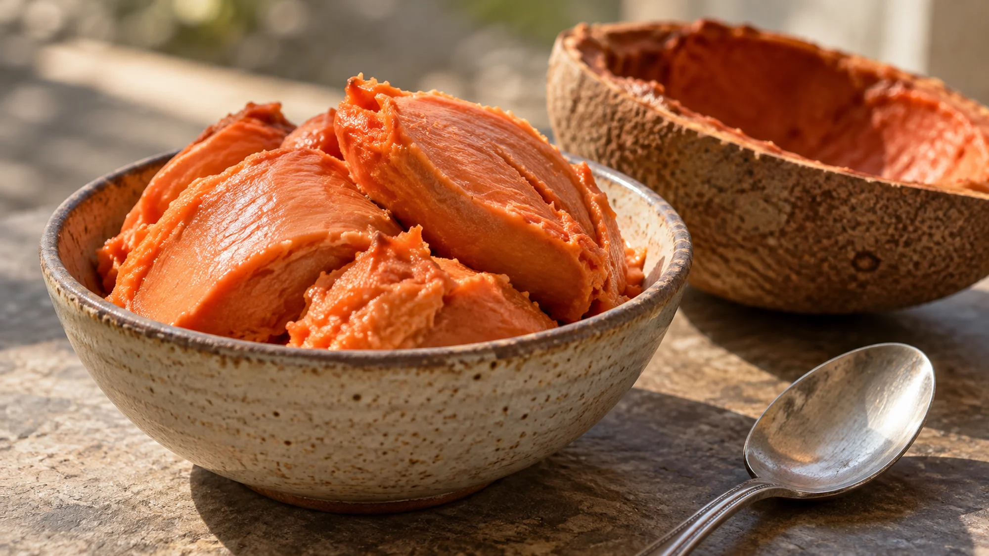 Scooped mamey flesh in a ceramic bowl beside the empty fruit shell