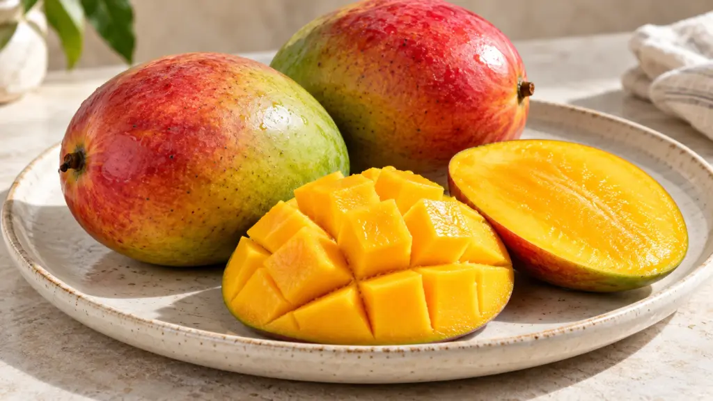 Whole mangos with orange-gold cut cheeks and cubed flesh on a ceramic platter