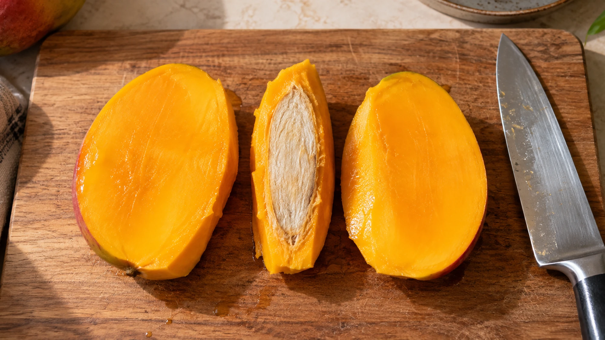 Mangos cut into two cheeks beside their long flat seed on a cutting board