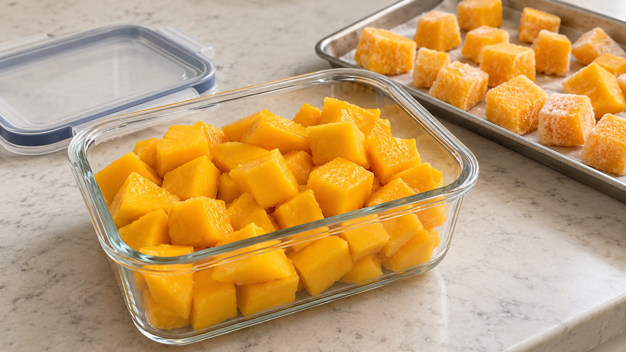 Cut mangos in a glass container beside frozen cubes on a tray