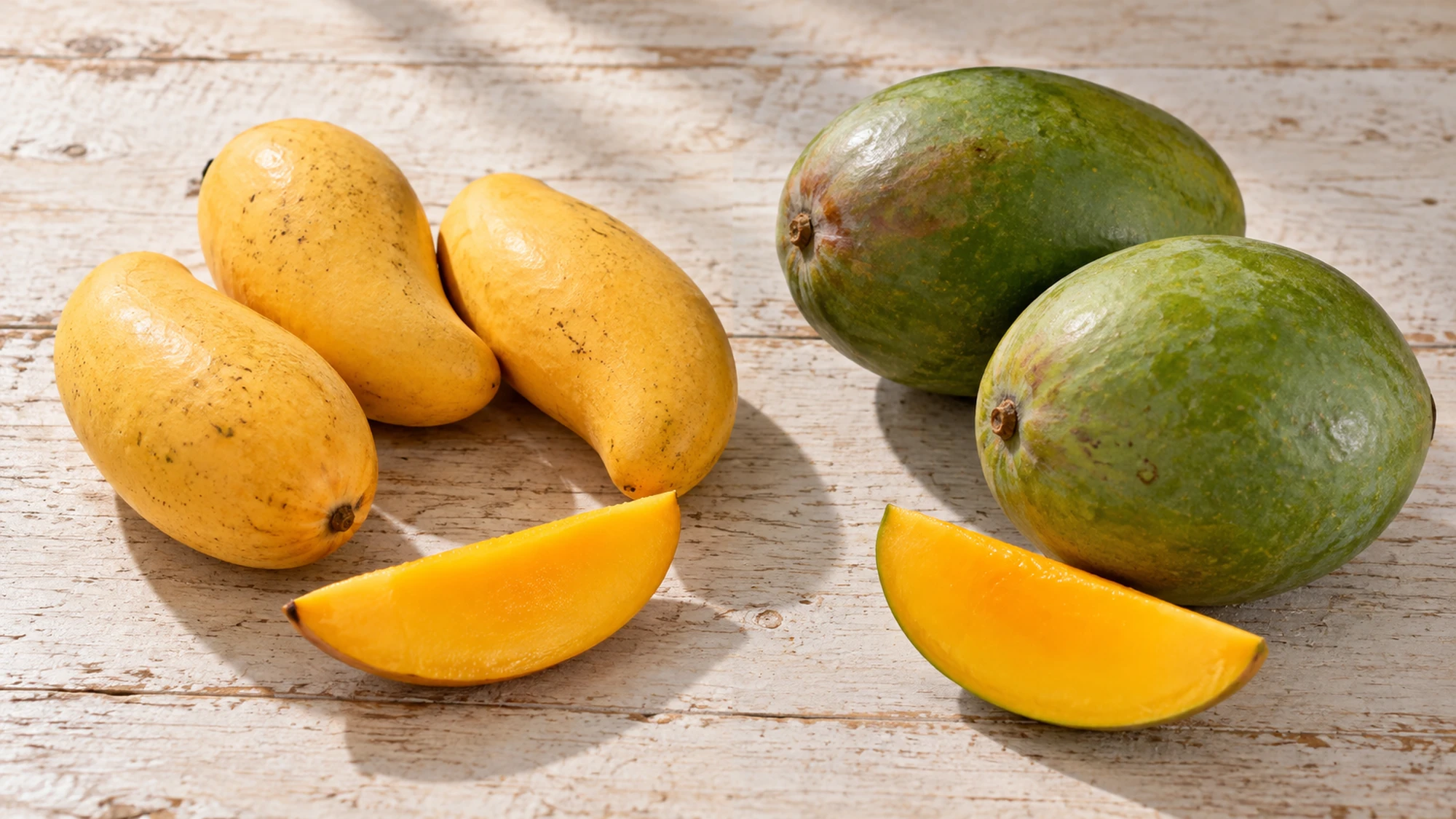 Yellow Honey mangos and larger green-skinned mangos with orange slices