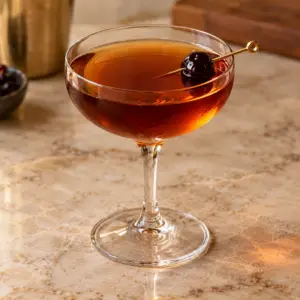 Manhattan recipe with clear amber color and cherry garnish