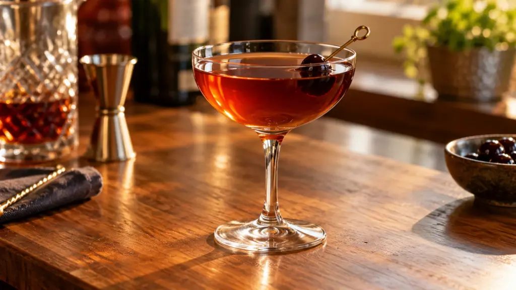 Manhattan recipe served in a chilled coupe with a dark cherry
