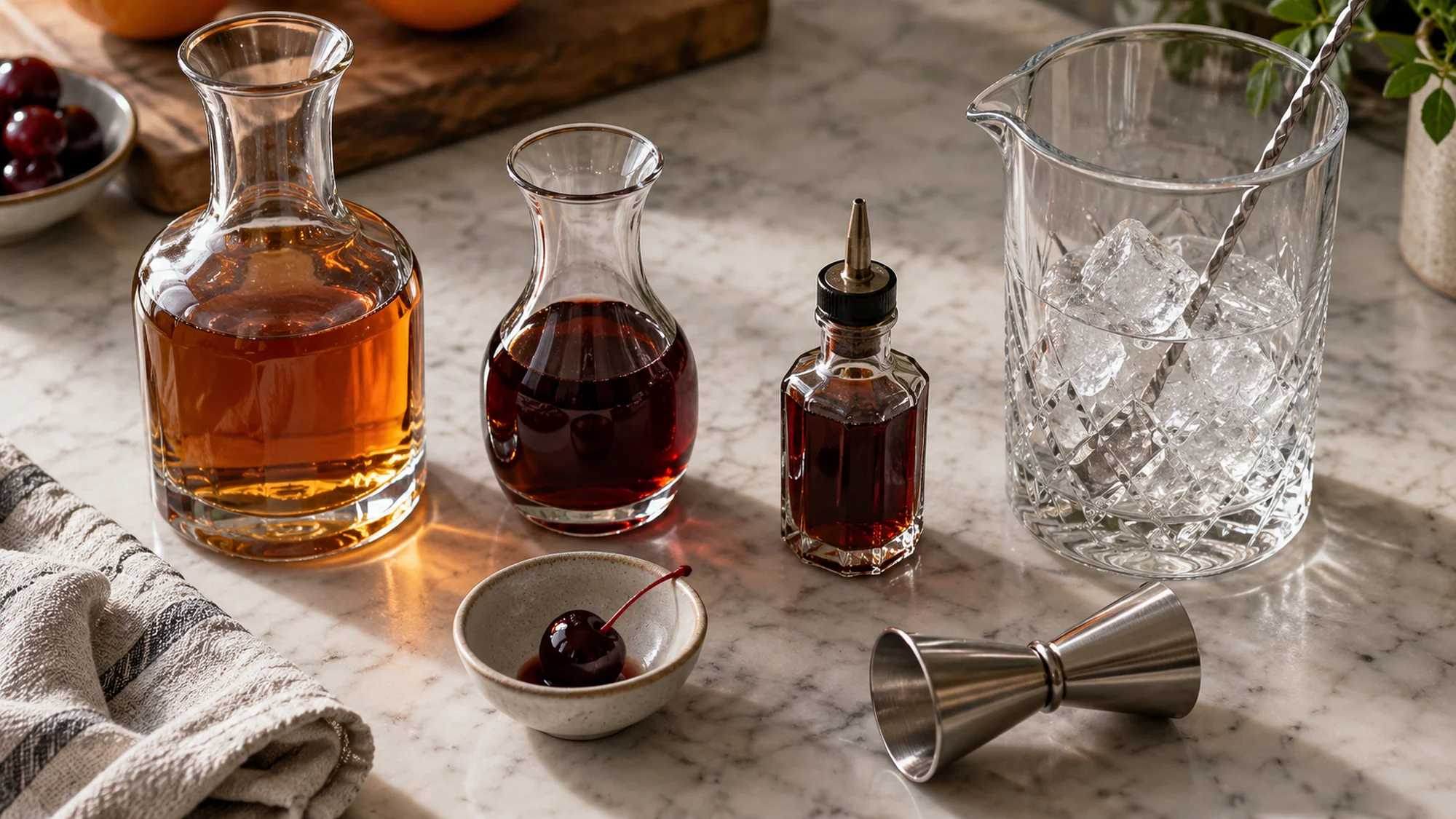 Rye whiskey, sweet vermouth, bitters and cherry for a Manhattan recipe
