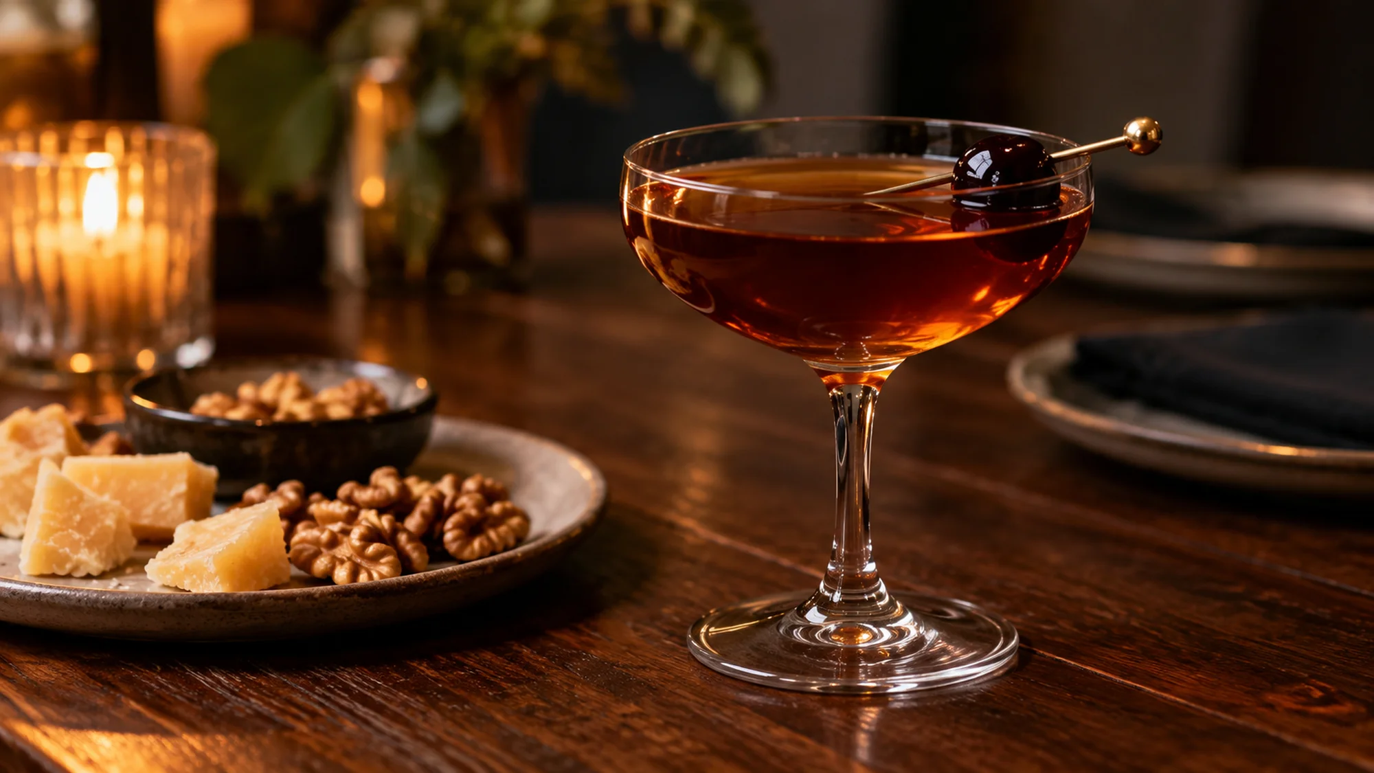 Finished Manhattan recipe beside cheese and walnuts
