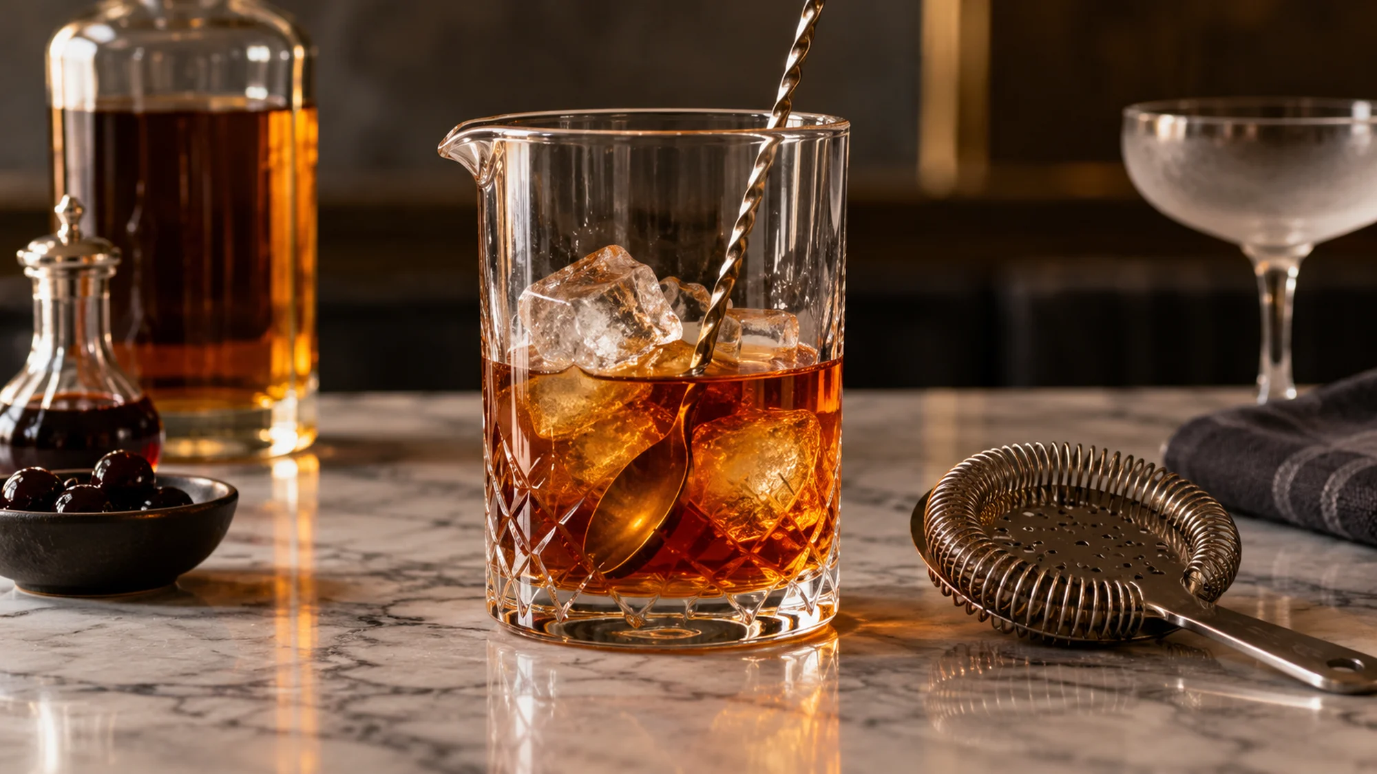 Manhattan recipe stirred with ice in a mixing glass