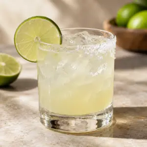 Margarita recipe in a rocks glass with lime and salt
