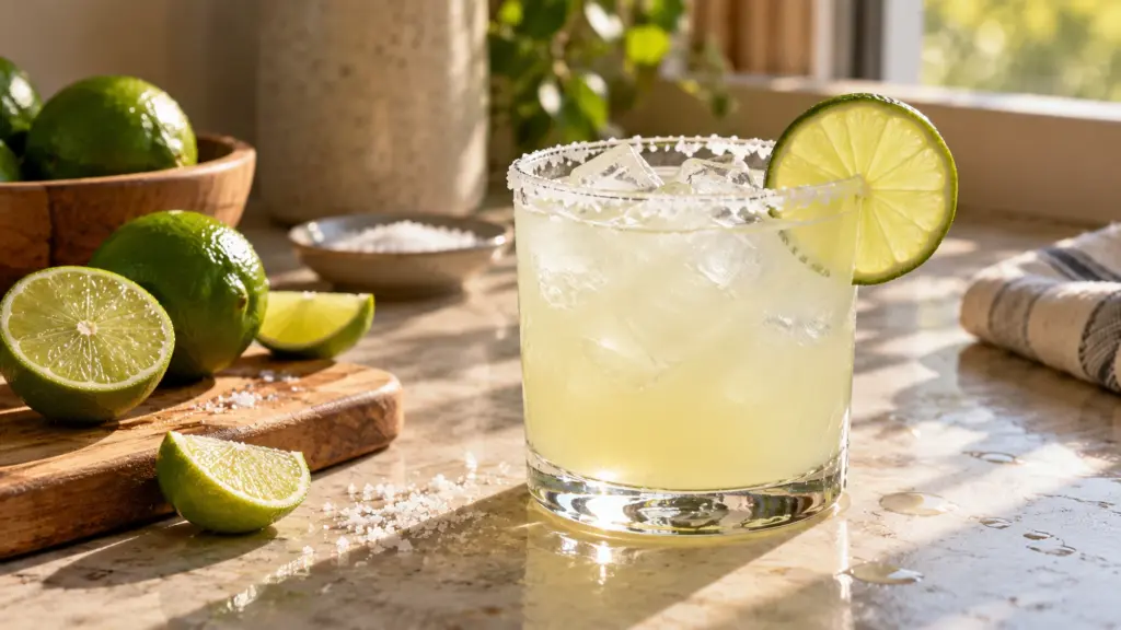 Margarita recipe over ice with lime and a salted rim