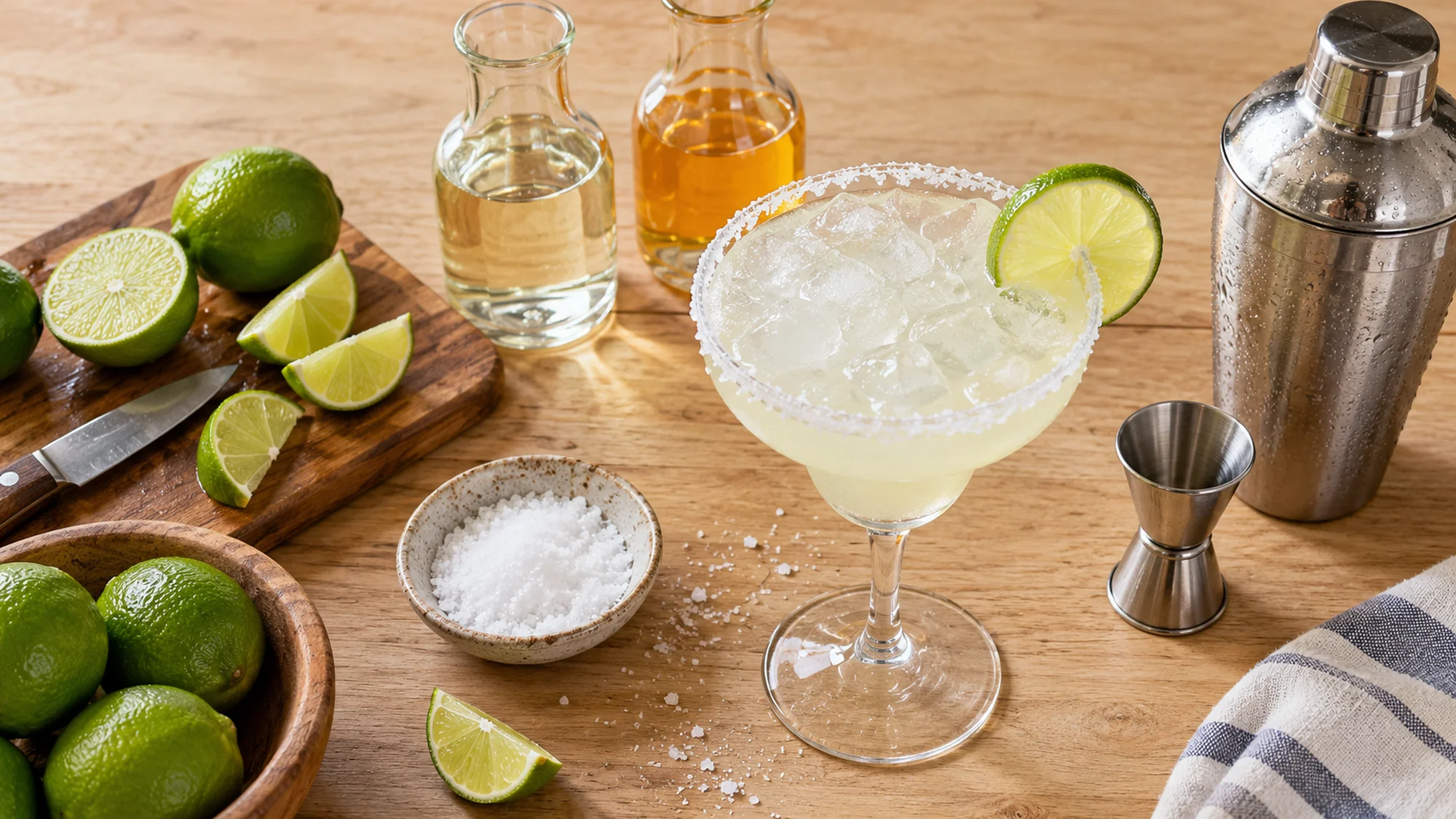 Fresh limes, tequila, orange liqueur and shaker for a margarita recipe