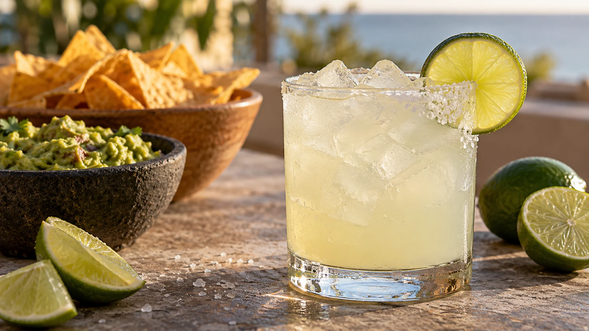 Margarita recipe served with tortilla chips and guacamole