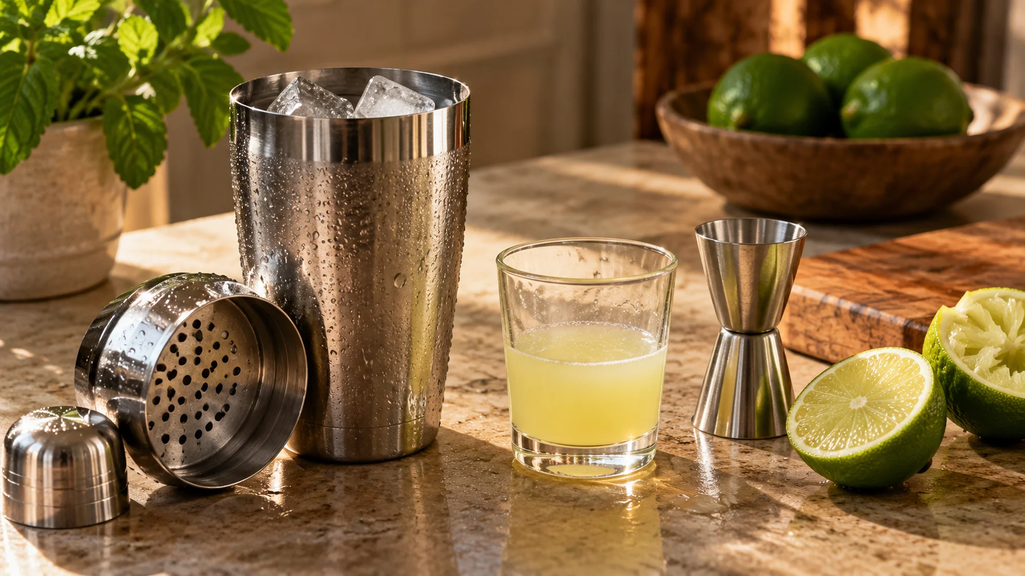 Margarita recipe preparation with lime juice and a cocktail shaker