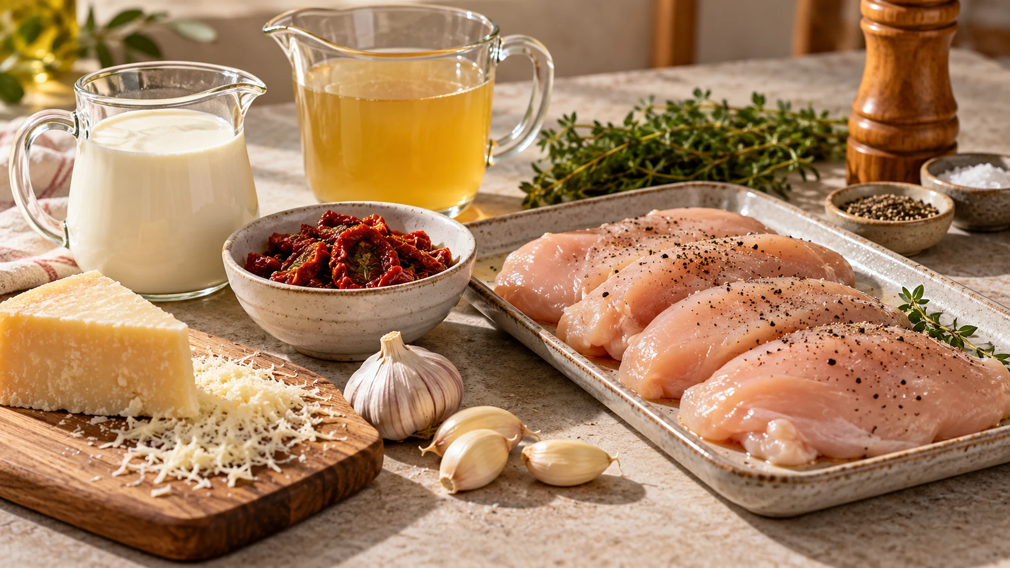 Chicken cutlets and measured sauce ingredients prepared on separate dishes