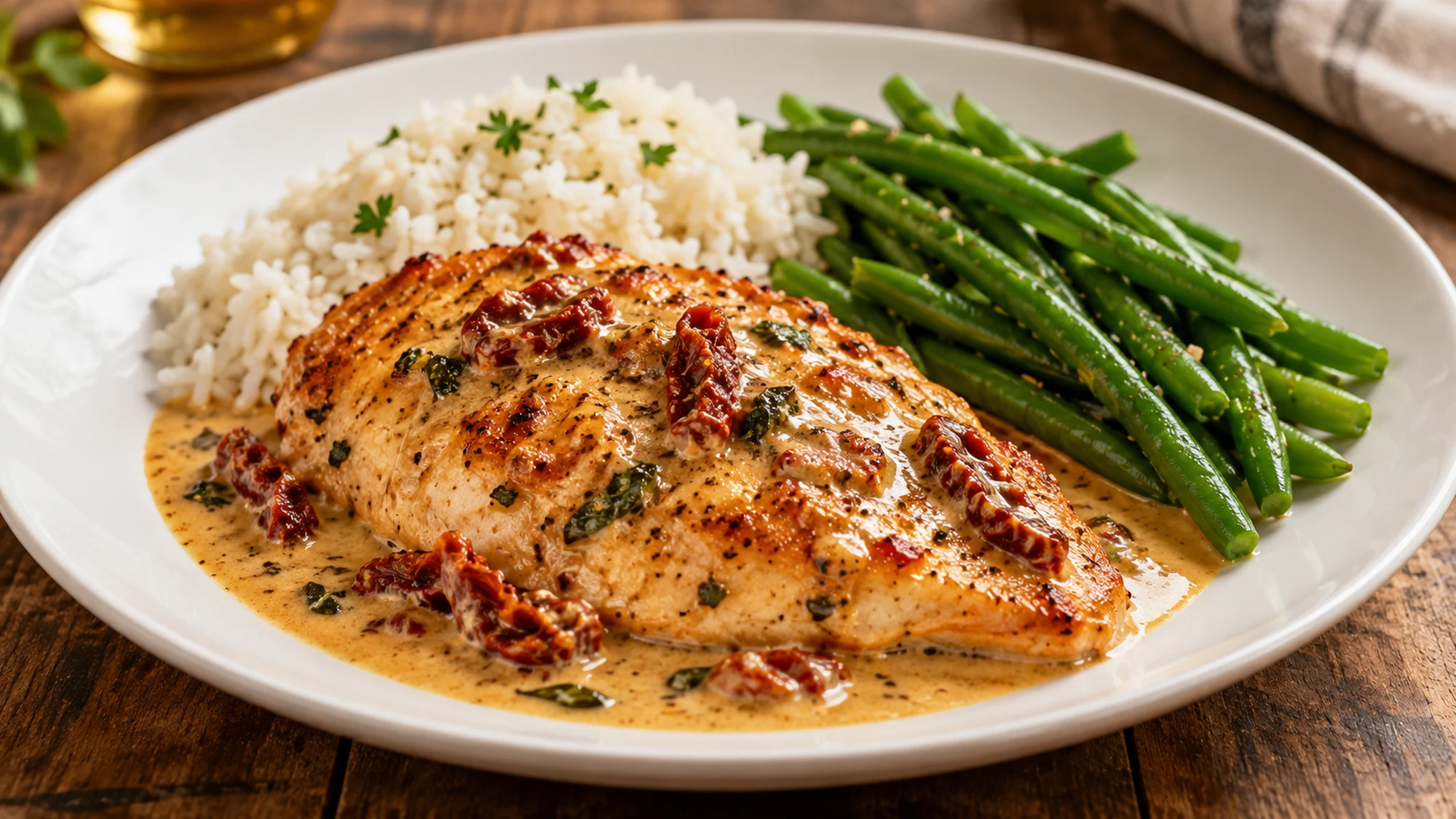 Creamy chicken served with rice and green beans