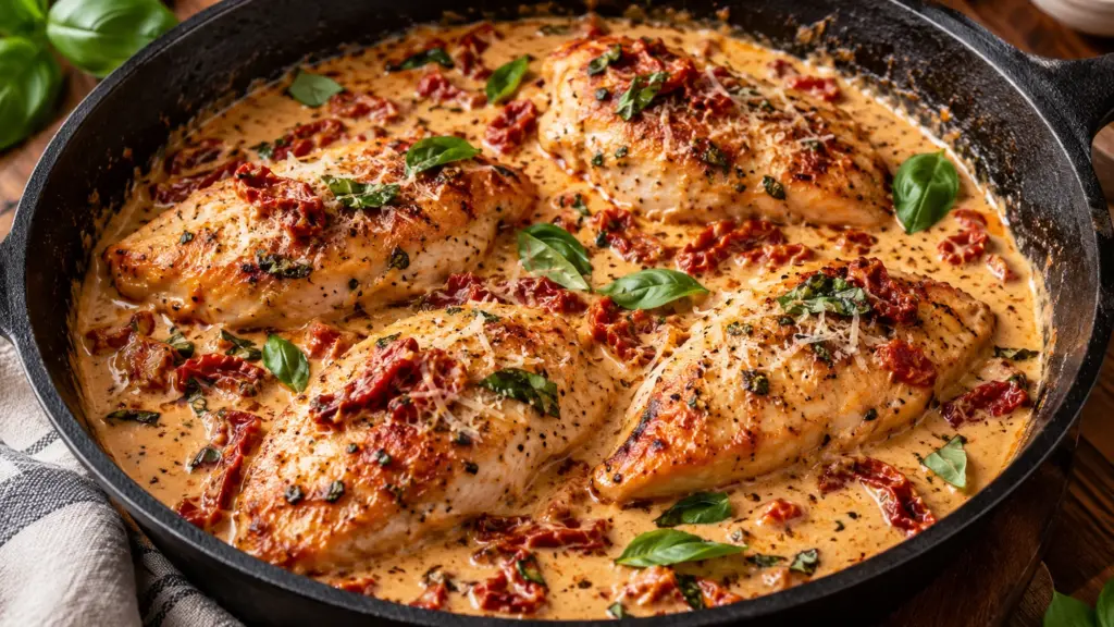 Golden chicken cutlets with creamy sun-dried tomato sauce and basil in a skillet