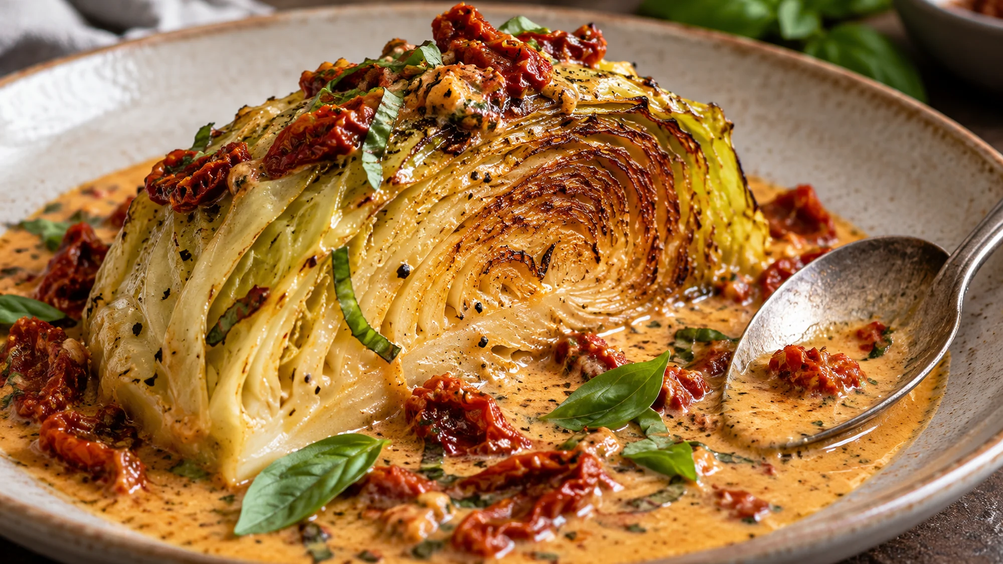 Golden cabbage wedges nestled in tomato cream sauce