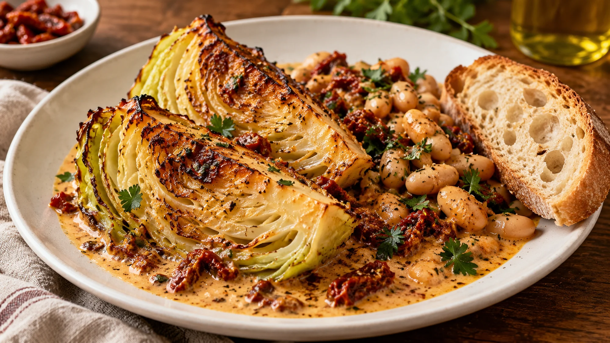 Creamy cabbage served with white beans and bread