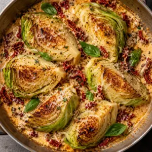 Oven-braised cabbage wedges with sun-dried tomatoes and basil