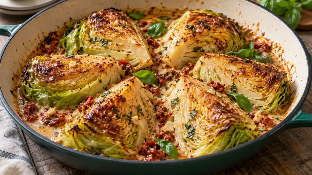 Tender browned cabbage wedges in creamy sun-dried tomato sauce