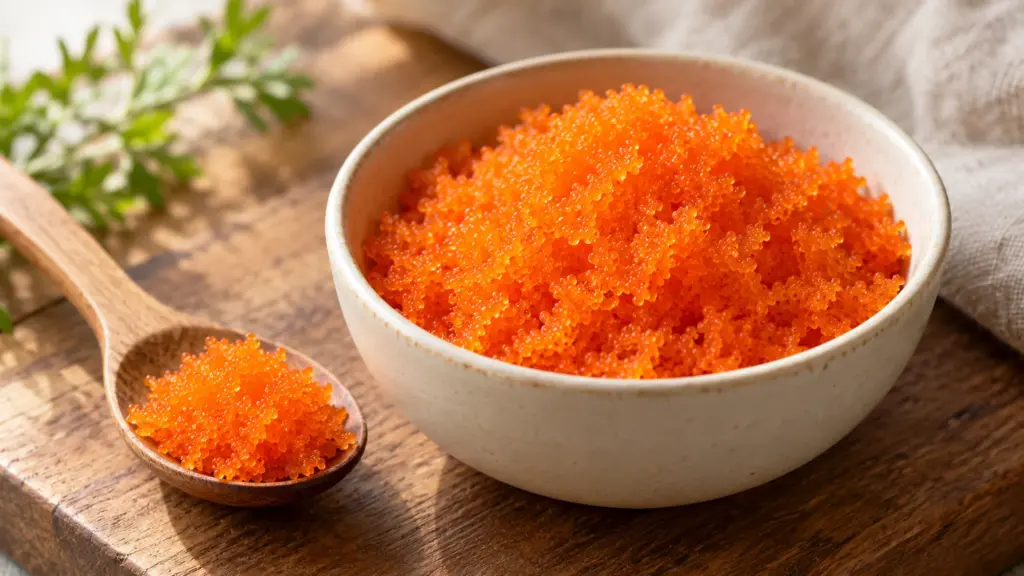 Orange masago in a ceramic bowl with a wooden spoon
